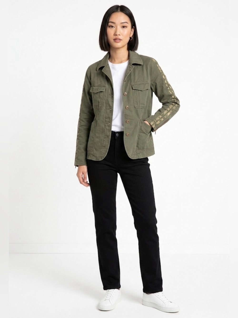 Stitch’s Olive Green Utility Jacket with Floral Trim - Size Small